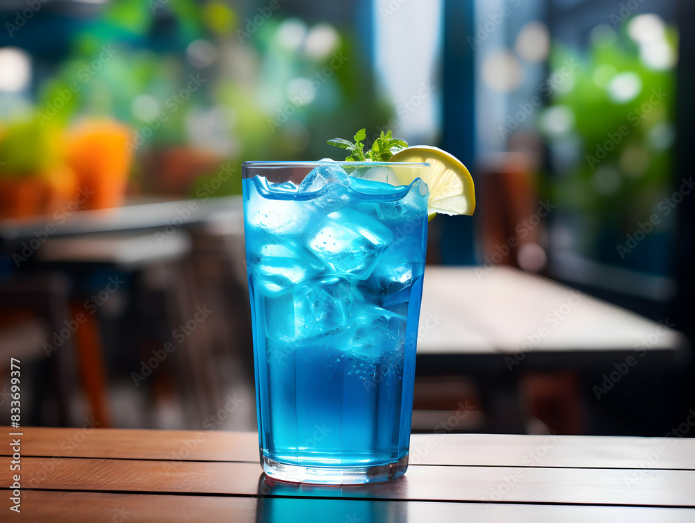 A Glass blue margarita juice, Refreshing and healthy blue margarita juice with ice in a glass with a summer background A Glass blue margarita juice, Refreshing and healthy blue margarita juice with ice in a glass with a summer background