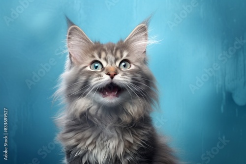 Portrait of a smiling australian mist cat in front of soft blue background