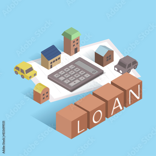 isometric illustration of house and car for loan