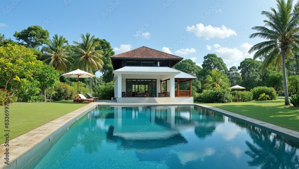 house with a swimming pool with sun loungers among palm trees with a tiled roof and white walls house with a swimming pool with sun loungers among palm trees with a tiled roof and white walls
