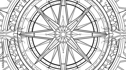 The image is a black and white line drawing of a compass. photo