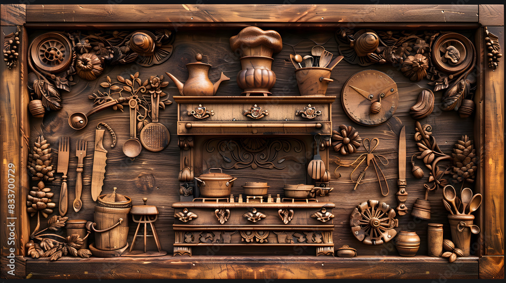 A wooden frame with a stove and other kitchen items. The stove is surrounded by a clock and a teapot. The frame is decorated with various kitchen utensils and items, giving it a warm and inviting feel A wooden frame with a stove and other kitchen items. The stove is surrounded by a clock and a teapot. The frame is decorated with various kitchen utensils and items, giving it a warm and inviting feel