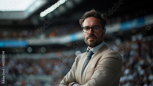 Portrait of a professional English manager in a beige suit standing confidently in a stadium  arms crossed  focused expression  under stadium lights.
