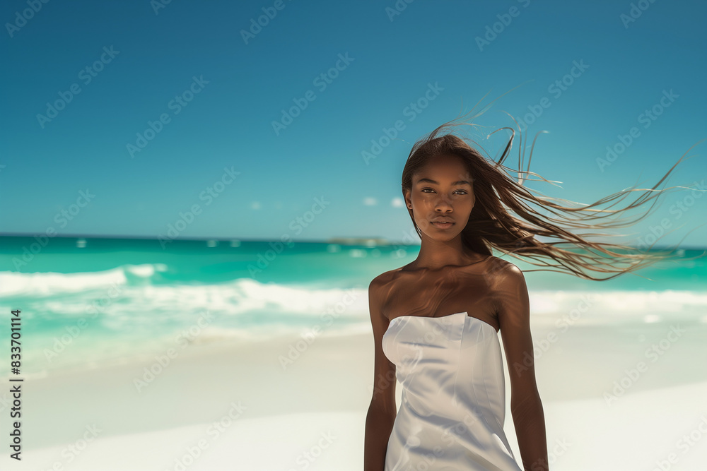 african american model standing next to ocean, posing in summer dress, portrait of young woman on the beach model looking directly into camera long black hairs blowed by the wind; space for text african american model standing next to ocean, posing in summer dress, portrait of young woman on the beach model looking directly into camera long black hairs blowed by the wind; space for text