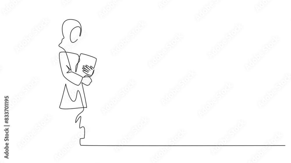 Self drawing animation of continuous line drawing Arabian woman walking carrying a book. Walking back home after visiting the book festival. Hobby reading. Very good habit. Full length animated Self drawing animation of continuous line drawing Arabian woman walking carrying a book. Walking back home after visiting the book festival. Hobby reading. Very good habit. Full length animated