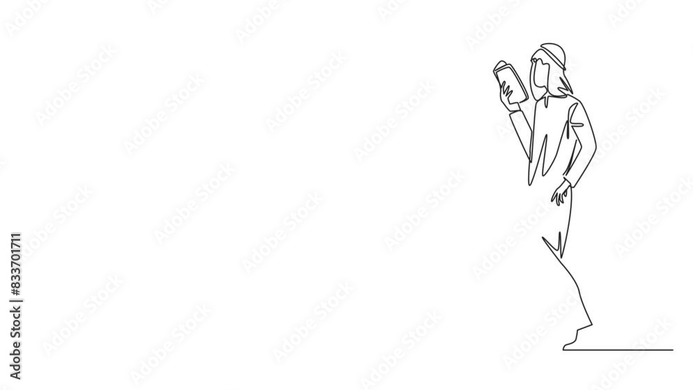 Self drawing animation of single continuous line drawing Arab man walking reading the book. Gesture of memorizing something from a book. Read anywhere. Addicted to reading. Full length animated Self drawing animation of single continuous line drawing Arab man walking reading the book. Gesture of memorizing something from a book. Read anywhere. Addicted to reading. Full length animated