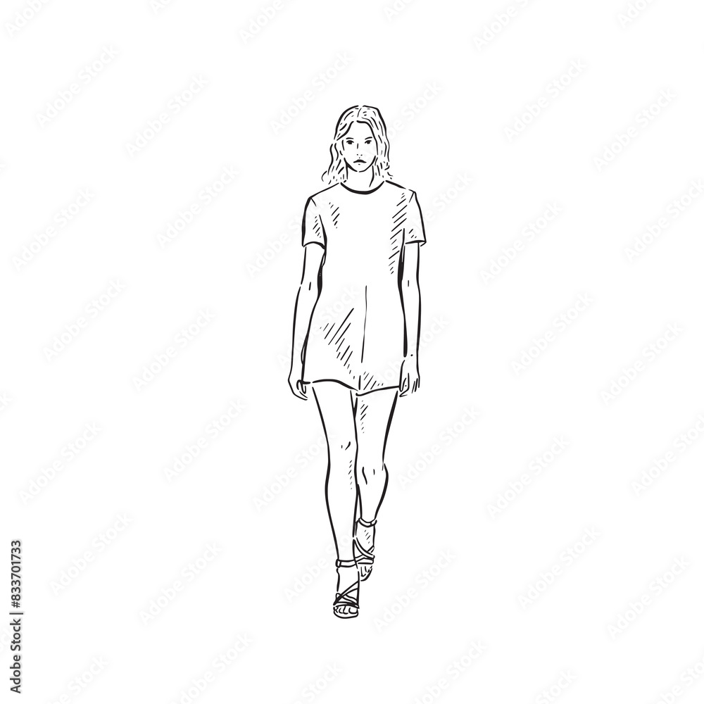 A line drawn illustration of a model on the runway with a white background. Drawn by hand. A line drawn illustration of a model on the runway with a white background. Drawn by hand.