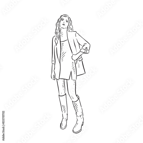 A line drawn woman in a fashionable outfit posing with one hand on hip. Drawn in black and white by hand in a sketchy style.