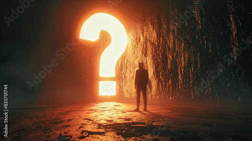 Silhouette of a person standing in front of a large glowing question mark. Conceptual photography of curiosity and exploration for design and print.