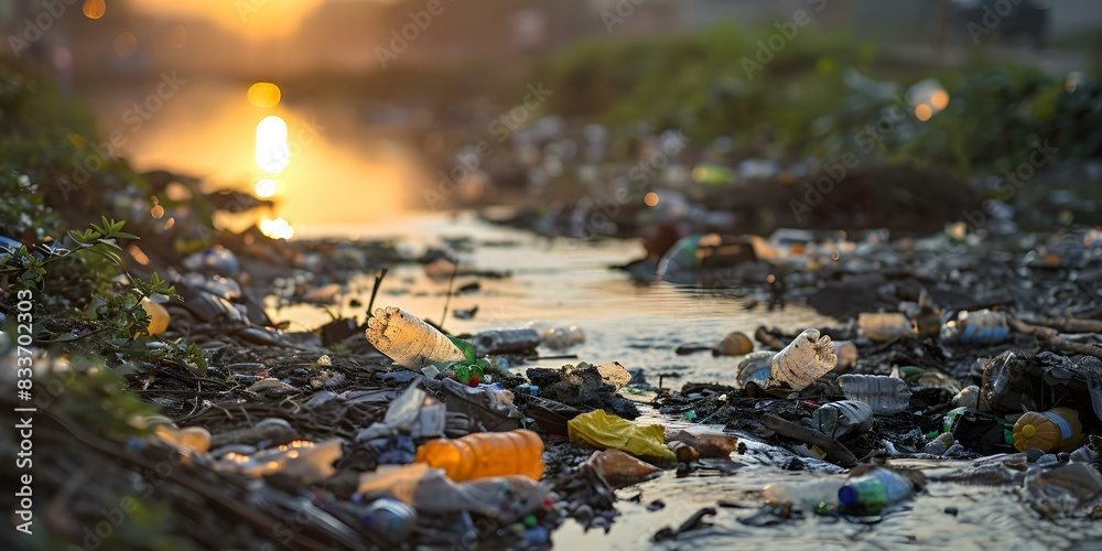 Fototapeta premium The Ecological and Environmental Hazards of River Pollution from Plastic Waste. Concept Plastic Pollution, River Contamination, Environmental Impact, Ecological Hazards, Waste Management