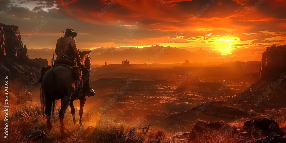 Cowboy on horseback overlooking a breathtaking sunset in the Wild West, with rugged canyons and a dramatic sky creating a cinematic and adventurous scene
