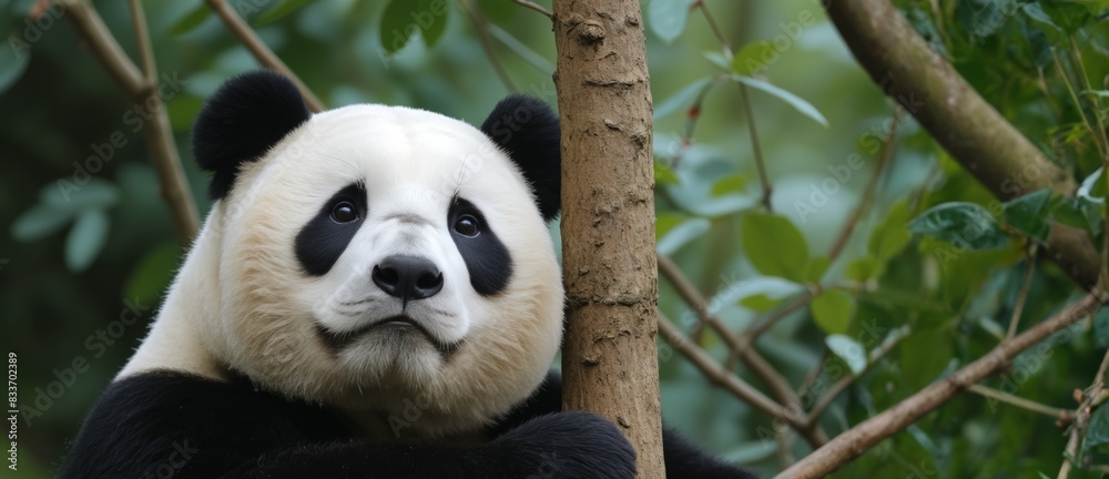 Obraz premium panda resting on a tree and looking at the camera