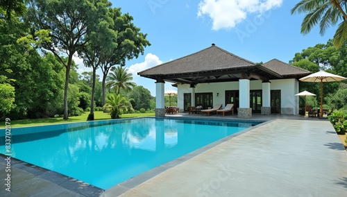 Wallpaper Mural house with a swimming pool with sun loungers among palm trees with a tiled roof and white walls Torontodigital.ca