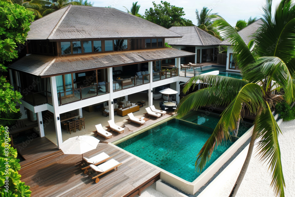 Fototapeta premium Aerial perspective of an expansive luxurious villa nestled on a Maldivian island, showcasing a swimming pool and sun decks shaded by palm trees.