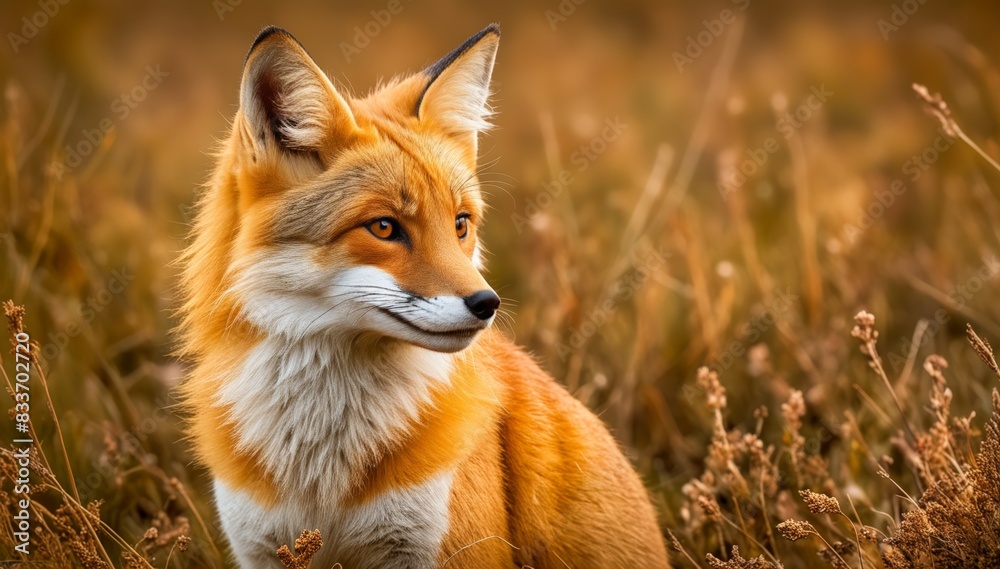 Fototapeta premium a fox sits in a field among tall grass on a sunny day