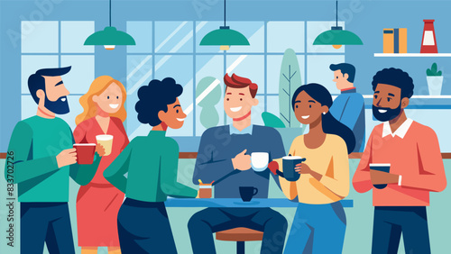 The sound of chatter and laughter can be heard from the break room where coworkers gather for morning coffee and introductions.. Vector illustration