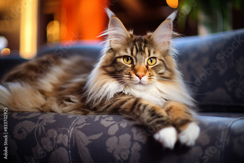 Maine coon cat lying on the sofa, luxury couch © franxxlin_studio