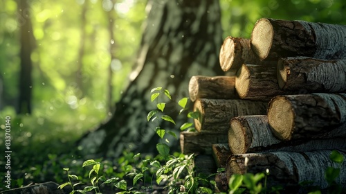 Image of a pile of cut logs in a sunlit forest.