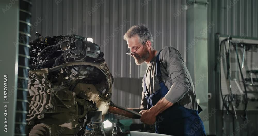 Two mechanic Caucasian man in large garage, Inspecting parts under raised car