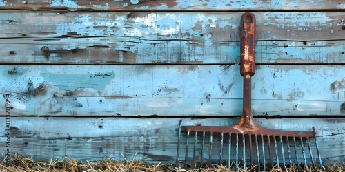 Old hay rake against barn wall tines smooth from years of use. Concept Vintage Farming Equipment, Antique Barnyard Relics, Rustic Agricultural Tools photo