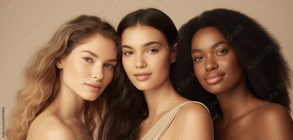 Beauty portrait three multiethnic diverse young women, clean skin, beautiful female models together Beauty portrait three multiethnic diverse young women, clean skin, beautiful female models together