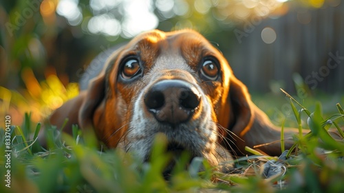 inquisitive basset hound dog exploring backyard, embodying adventurous pet idea