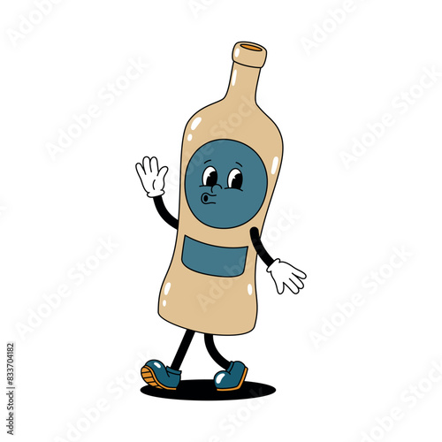 Vector color illustration of retro mascot character of walking glass vermouth bottle. Vintage style 30s, 40s, 50s old animation. Isolated on white background.