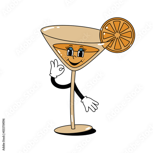 Vector color illustration of retro mascot character walking glass with cocktail and orange slice. Isolated on white background