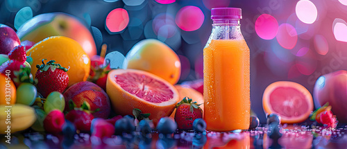 Fresh fruit and juice on a table with a colorful background.