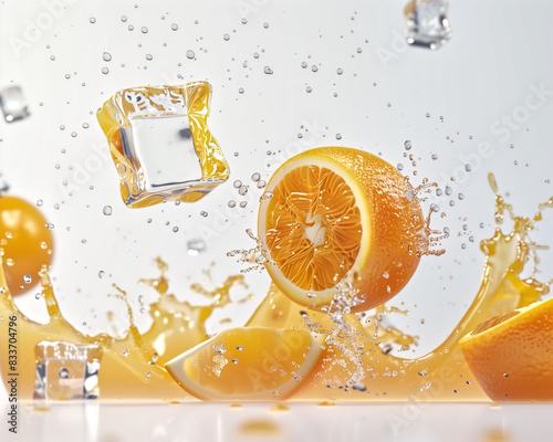 Fresh orange halves splashing with ice cubes and juice. High-speed photography with citrus fruit and liquid motion for design and print.