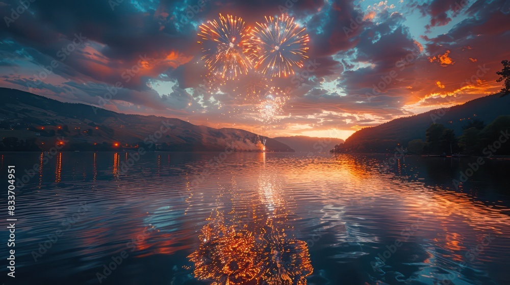 Fireworks reflecting on a lake during Independence Day celebrations in the United States.