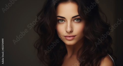 Beauty portrait of pretty young woman with curly hair, beautiful lovely model on studio background