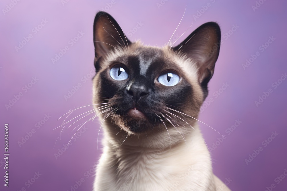 Fototapeta premium Portrait of a smiling siamese cat in soft purple background
