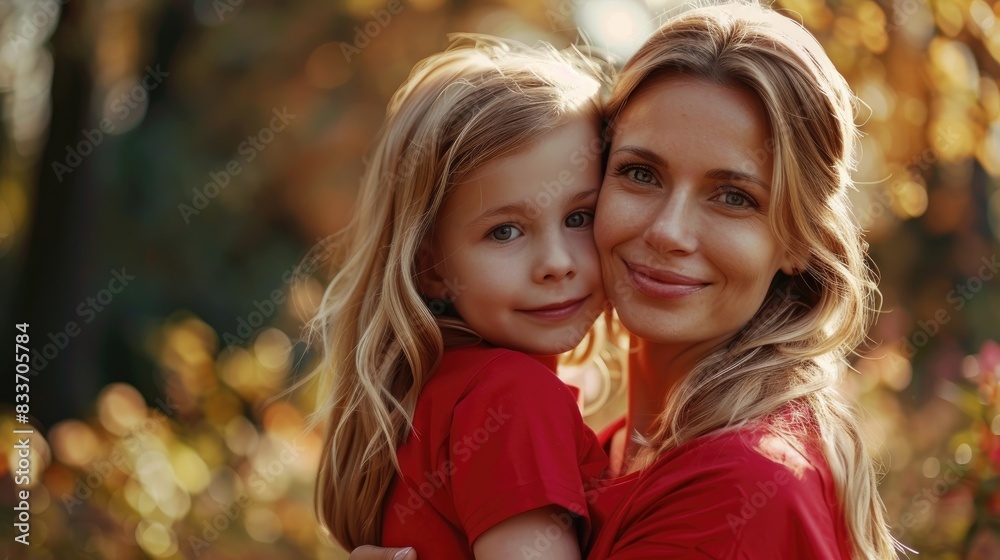 Close up image of a lovely blond mother in a red t shirt with her daughter Close up image of a lovely blond mother in a red t shirt with her daughter