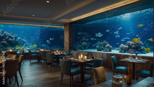 Sea restaurant with aquarium wall