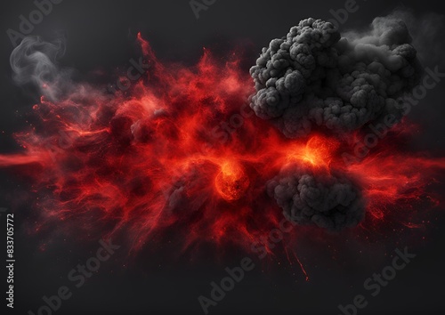 Explosion border with dark smoke and red lava on background photo