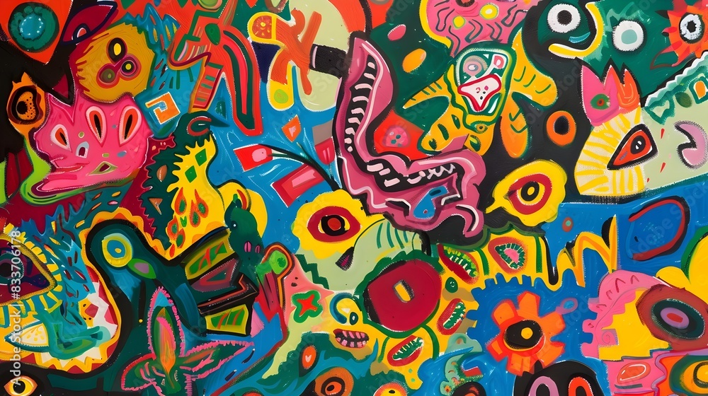Naklejka premium Vibrant and Whimsical Abstract Art with Fantastical Organic Shapes and Colorful Expressive Patterns