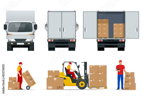 Flat truck side view, rear view. Delivery man. Boxes in a white truck. Open and closed door of container with boxes. Cargo in truck for transportation and export. Forklift truck with boxes on pallet.