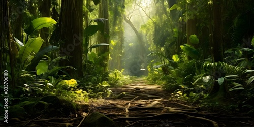 Lush tropical forest with tall trees underbrush and diverse plants Realistic photo. Concept Tropical Forest, Tall Trees, Underbrush, Diverse Plants, Realistic Photo photo