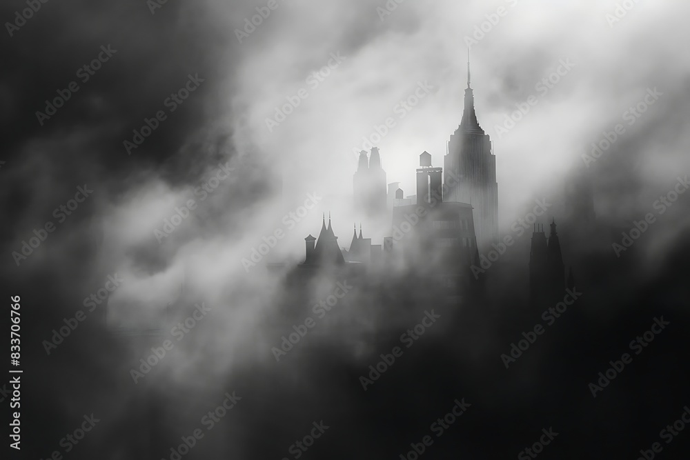 The interplay of light and shadow creates a sense of a hidden city emerging from the mist