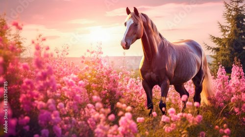 Cute  beautiful horse in a field with flowers in nature  in the sun s rays.