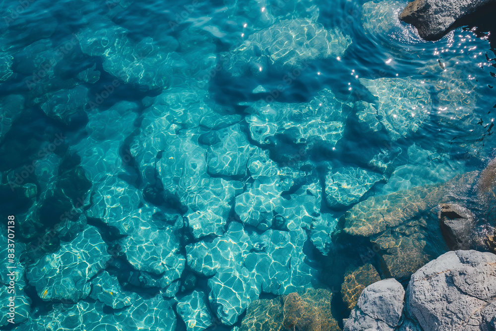 Obraz premium Beautiful aerial view of clear blue water and rocks, seen from above in high resolution photography