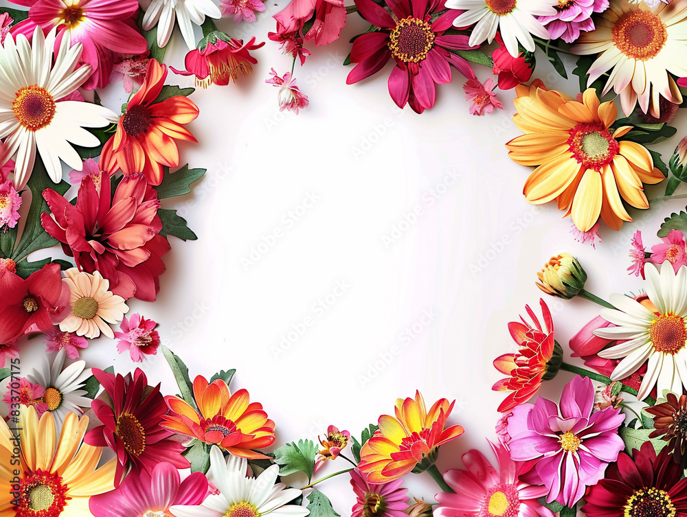 Obraz premium A watercolor painting of flowers with green leaves with big detail frame and empty space in the middle.