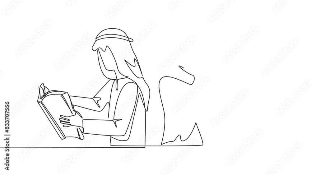 Self drawing animation of continuous line drawing Arab man woman very focused on reading book. Reading fiction story book during holidays. Book festival concept. Very good habit. Full length animated Self drawing animation of continuous line drawing Arab man woman very focused on reading book. Reading fiction story book during holidays. Book festival concept. Very good habit. Full length animated