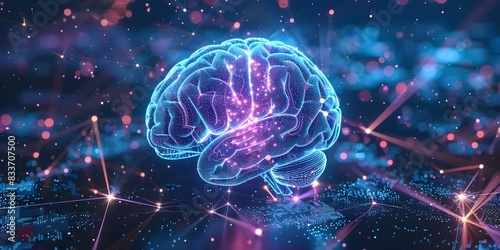 Digital brain visualization enhances human intelligence and creativity in technology sectors. Concept Brain Visualization, Technology Sectors, Human Intelligence, Creativity, Digital Enhancements photo