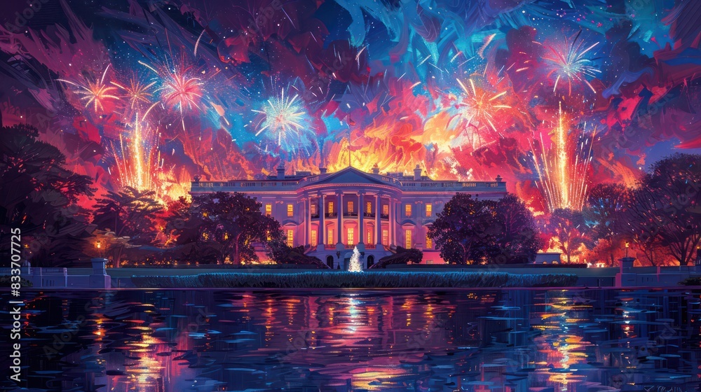 Patriotic fireworks display over the White House illustration.