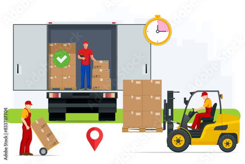 Flat truck side view, rear view. Delivery man. Boxes in a white truck. Open and closed door of container with boxes. Cargo in truck for transportation and export. Forklift truck with boxes on pallet