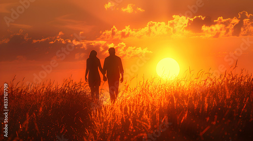 A couples silhouette blended with a setting sun symbolizing the end of a journey and a bittersweet farewell. Ideal for romantic and emotional ads