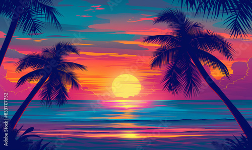 Beach sunset with palm trees, vector illustration, colorful, in the style of 80s, in the style of retro, flat design, digital art, neon purple and yellow colors © 수동 김
