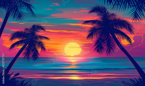 Beach sunset with palm trees, vector illustration, colorful, in the style of 80s, in the style of retro, flat design, digital art, neon purple and yellow colors